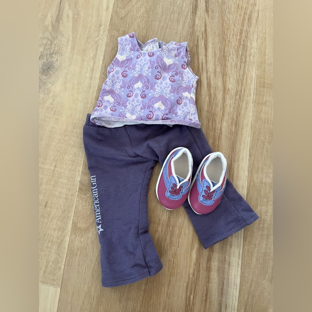 American Girl “Feeling Great” retired Purple Outfit with Pink and Blue Shoes